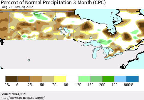 Canada Percent of Normal Precipitation 3-Month (CPC) Thematic Map For 8/21/2022 - 11/20/2022