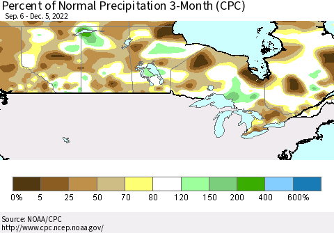 Canada Percent of Normal Precipitation 3-Month (CPC) Thematic Map For 9/6/2022 - 12/5/2022
