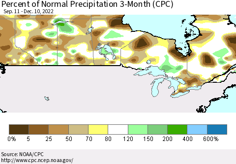 Canada Percent of Normal Precipitation 3-Month (CPC) Thematic Map For 9/11/2022 - 12/10/2022