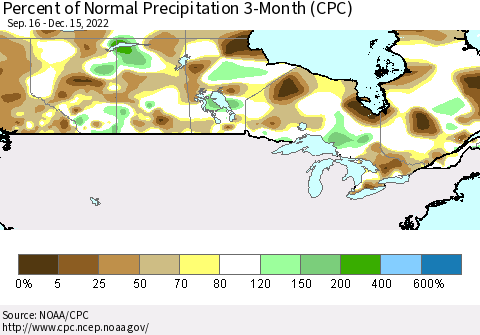 Canada Percent of Normal Precipitation 3-Month (CPC) Thematic Map For 9/16/2022 - 12/15/2022