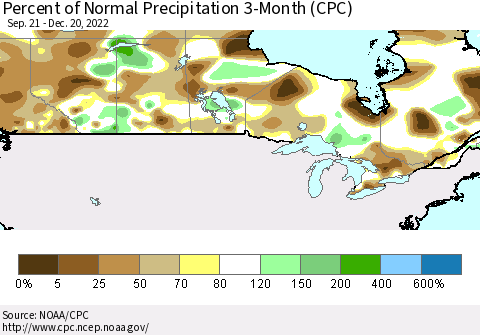 Canada Percent of Normal Precipitation 3-Month (CPC) Thematic Map For 9/21/2022 - 12/20/2022