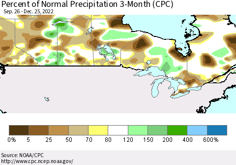 Canada Percent of Normal Precipitation 3-Month (CPC) Thematic Map For 9/26/2022 - 12/25/2022