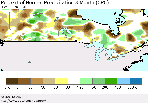 Canada Percent of Normal Precipitation 3-Month (CPC) Thematic Map For 10/6/2022 - 1/5/2023