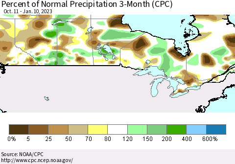 Canada Percent of Normal Precipitation 3-Month (CPC) Thematic Map For 10/11/2022 - 1/10/2023