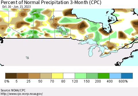 Canada Percent of Normal Precipitation 3-Month (CPC) Thematic Map For 10/16/2022 - 1/15/2023
