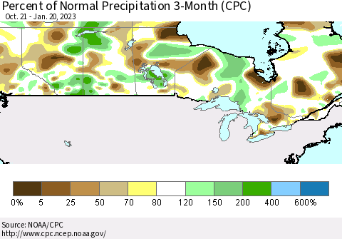 Canada Percent of Normal Precipitation 3-Month (CPC) Thematic Map For 10/21/2022 - 1/20/2023