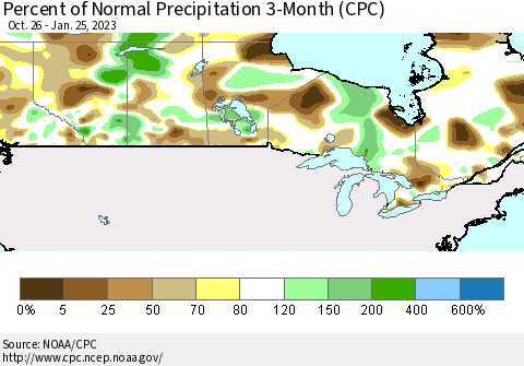 Canada Percent of Normal Precipitation 3-Month (CPC) Thematic Map For 10/26/2022 - 1/25/2023