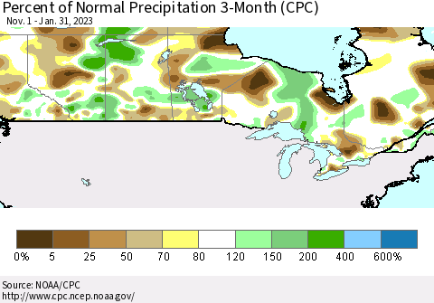 Canada Percent of Normal Precipitation 3-Month (CPC) Thematic Map For 11/1/2022 - 1/31/2023