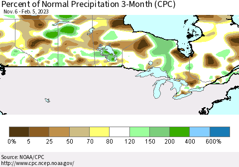 Canada Percent of Normal Precipitation 3-Month (CPC) Thematic Map For 11/6/2022 - 2/5/2023