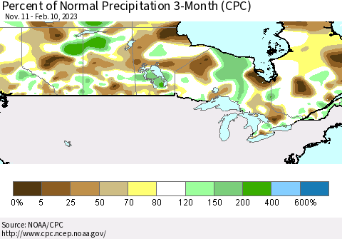 Canada Percent of Normal Precipitation 3-Month (CPC) Thematic Map For 11/11/2022 - 2/10/2023