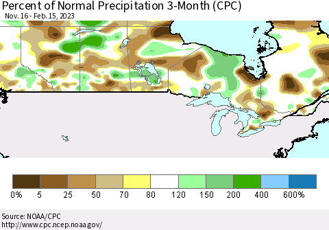 Canada Percent of Normal Precipitation 3-Month (CPC) Thematic Map For 11/16/2022 - 2/15/2023