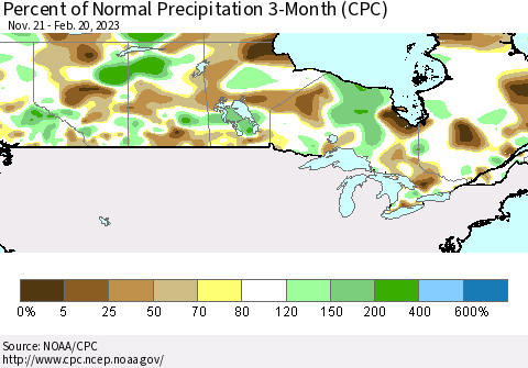 Canada Percent of Normal Precipitation 3-Month (CPC) Thematic Map For 11/21/2022 - 2/20/2023