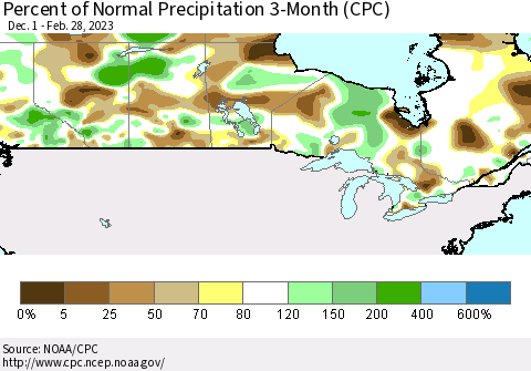 Canada Percent of Normal Precipitation 3-Month (CPC) Thematic Map For 12/1/2022 - 2/28/2023