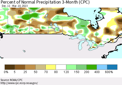 Canada Percent of Normal Precipitation 3-Month (CPC) Thematic Map For 12/11/2022 - 3/10/2023