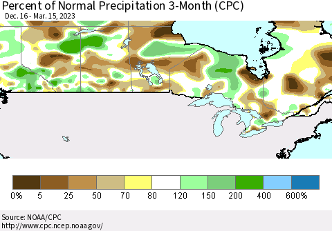 Canada Percent of Normal Precipitation 3-Month (CPC) Thematic Map For 12/16/2022 - 3/15/2023