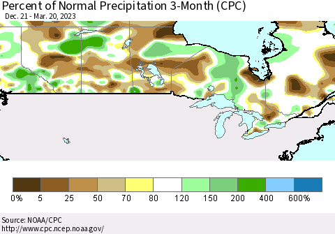 Canada Percent of Normal Precipitation 3-Month (CPC) Thematic Map For 12/21/2022 - 3/20/2023