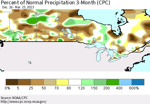 Canada Percent of Normal Precipitation 3-Month (CPC) Thematic Map For 12/26/2022 - 3/25/2023