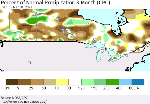 Canada Percent of Normal Precipitation 3-Month (CPC) Thematic Map For 1/1/2023 - 3/31/2023