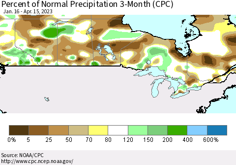 Canada Percent of Normal Precipitation 3-Month (CPC) Thematic Map For 1/16/2023 - 4/15/2023