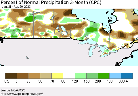 Canada Percent of Normal Precipitation 3-Month (CPC) Thematic Map For 1/21/2023 - 4/20/2023