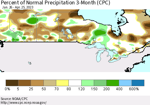 Canada Percent of Normal Precipitation 3-Month (CPC) Thematic Map For 1/26/2023 - 4/25/2023