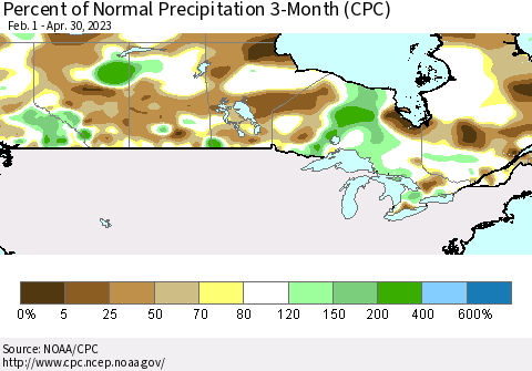 Canada Percent of Normal Precipitation 3-Month (CPC) Thematic Map For 2/1/2023 - 4/30/2023