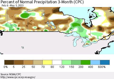 Canada Percent of Normal Precipitation 3-Month (CPC) Thematic Map For 2/6/2023 - 5/5/2023