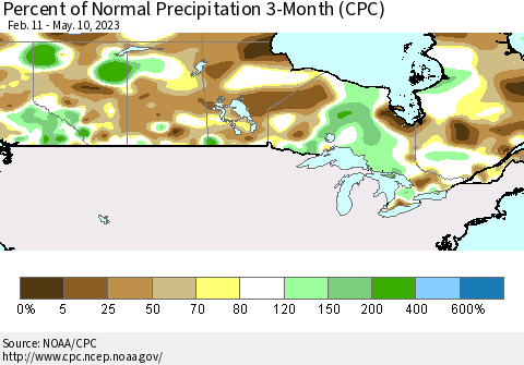 Canada Percent of Normal Precipitation 3-Month (CPC) Thematic Map For 2/11/2023 - 5/10/2023