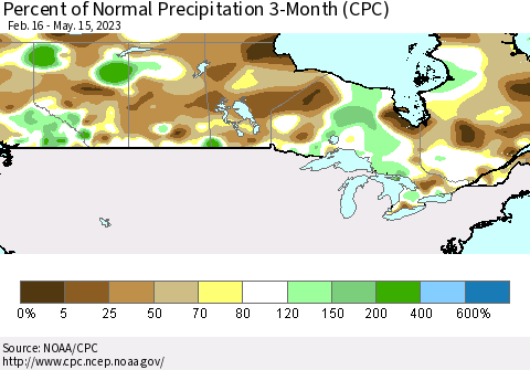 Canada Percent of Normal Precipitation 3-Month (CPC) Thematic Map For 2/16/2023 - 5/15/2023