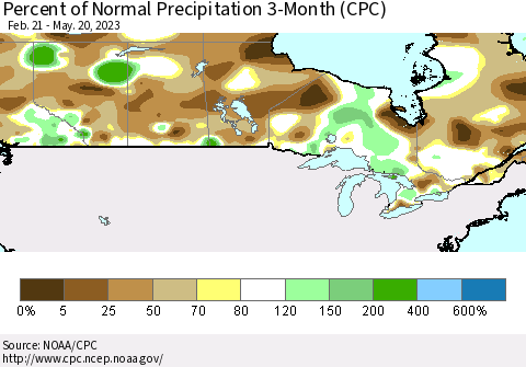 Canada Percent of Normal Precipitation 3-Month (CPC) Thematic Map For 2/21/2023 - 5/20/2023