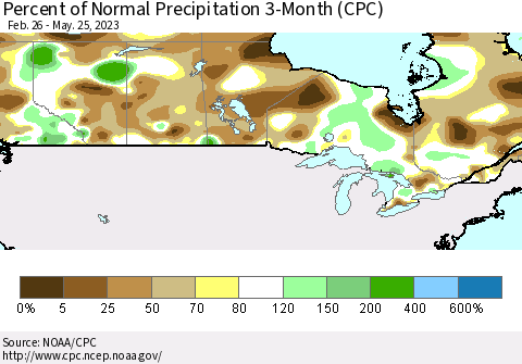 Canada Percent of Normal Precipitation 3-Month (CPC) Thematic Map For 2/26/2023 - 5/25/2023