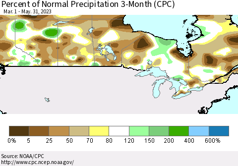 Canada Percent of Normal Precipitation 3-Month (CPC) Thematic Map For 3/1/2023 - 5/31/2023