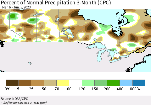 Canada Percent of Normal Precipitation 3-Month (CPC) Thematic Map For 3/6/2023 - 6/5/2023