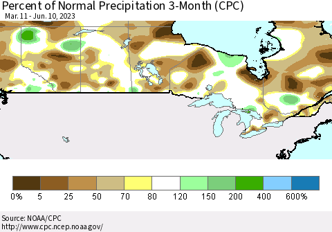 Canada Percent of Normal Precipitation 3-Month (CPC) Thematic Map For 3/11/2023 - 6/10/2023