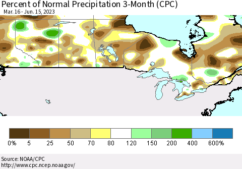 Canada Percent of Normal Precipitation 3-Month (CPC) Thematic Map For 3/16/2023 - 6/15/2023