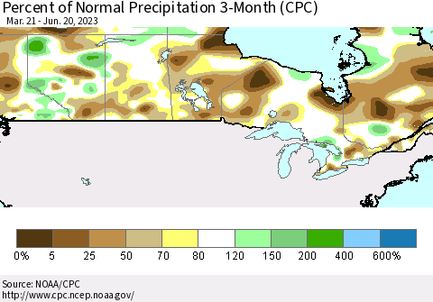 Canada Percent of Normal Precipitation 3-Month (CPC) Thematic Map For 3/21/2023 - 6/20/2023