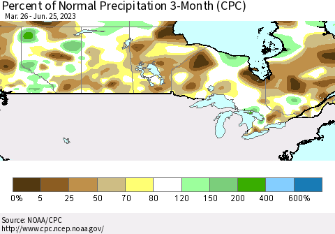 Canada Percent of Normal Precipitation 3-Month (CPC) Thematic Map For 3/26/2023 - 6/25/2023
