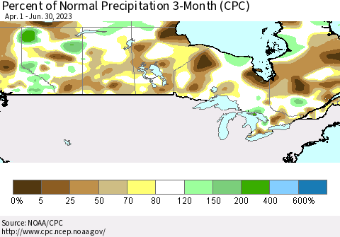 Canada Percent of Normal Precipitation 3-Month (CPC) Thematic Map For 4/1/2023 - 6/30/2023