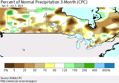 Canada Percent of Normal Precipitation 3-Month (CPC) Thematic Map For 4/6/2023 - 7/5/2023