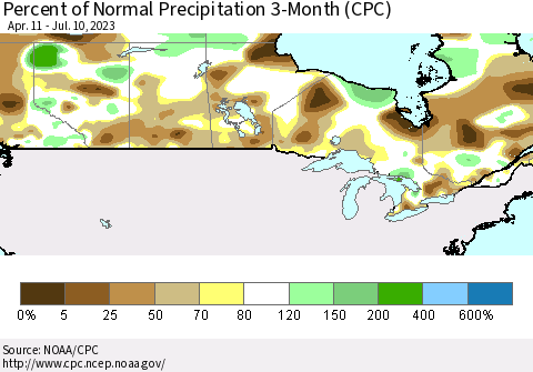 Canada Percent of Normal Precipitation 3-Month (CPC) Thematic Map For 4/11/2023 - 7/10/2023