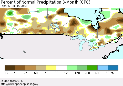 Canada Percent of Normal Precipitation 3-Month (CPC) Thematic Map For 4/16/2023 - 7/15/2023