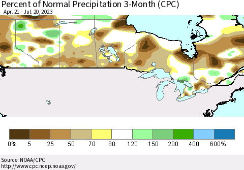Canada Percent of Normal Precipitation 3-Month (CPC) Thematic Map For 4/21/2023 - 7/20/2023