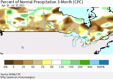 Canada Percent of Normal Precipitation 3-Month (CPC) Thematic Map For 4/26/2023 - 7/25/2023