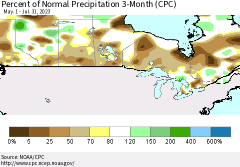 Canada Percent of Normal Precipitation 3-Month (CPC) Thematic Map For 5/1/2023 - 7/31/2023