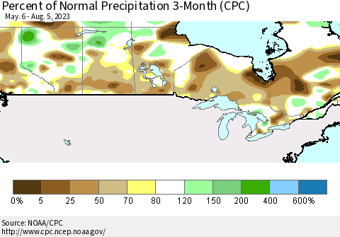 Canada Percent of Normal Precipitation 3-Month (CPC) Thematic Map For 5/6/2023 - 8/5/2023
