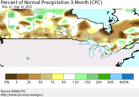 Canada Percent of Normal Precipitation 3-Month (CPC) Thematic Map For 5/11/2023 - 8/10/2023