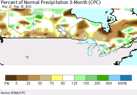 Canada Percent of Normal Precipitation 3-Month (CPC) Thematic Map For 5/21/2023 - 8/20/2023