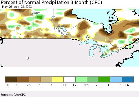 Canada Percent of Normal Precipitation 3-Month (CPC) Thematic Map For 5/26/2023 - 8/25/2023