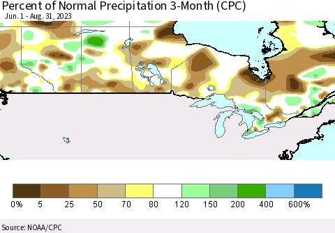 Canada Percent of Normal Precipitation 3-Month (CPC) Thematic Map For 6/1/2023 - 8/31/2023