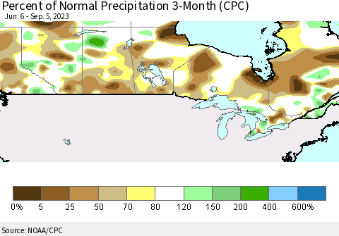 Canada Percent of Normal Precipitation 3-Month (CPC) Thematic Map For 6/6/2023 - 9/5/2023